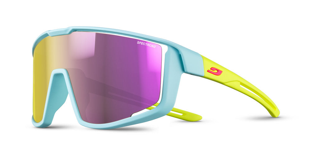 Julbo Fury Junior Kinder-Sportbrille – Hellblau / Neongelb / Rosa – Spectron 3 – Frontansicht