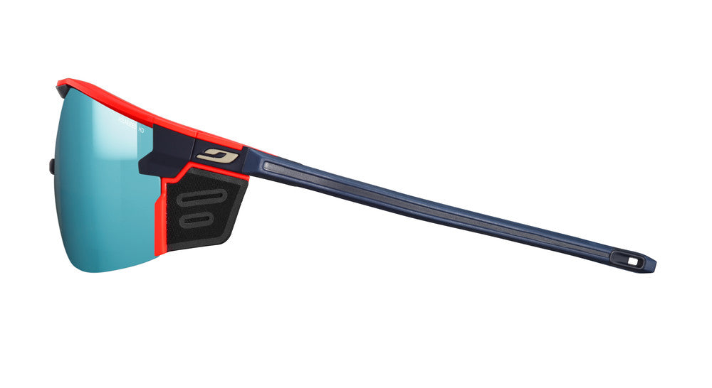 Julbo Ultimate Cover Ocean Master Sportbrille – Dunkelblau / Neonorange – Spectron HD 4 Polarized – Seitenansicht