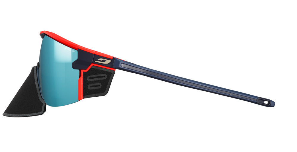 Julbo Ultimate Cover Ocean Master Sportbrille – Dunkelblau / Neonorange – Spectron HD 4 Polarized – Detailansicht